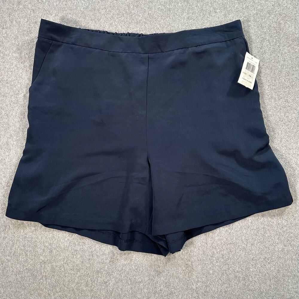 Gibson Latimer Shorts Women's 1X High Rise Flat Front Navy Blue Satin Stripe